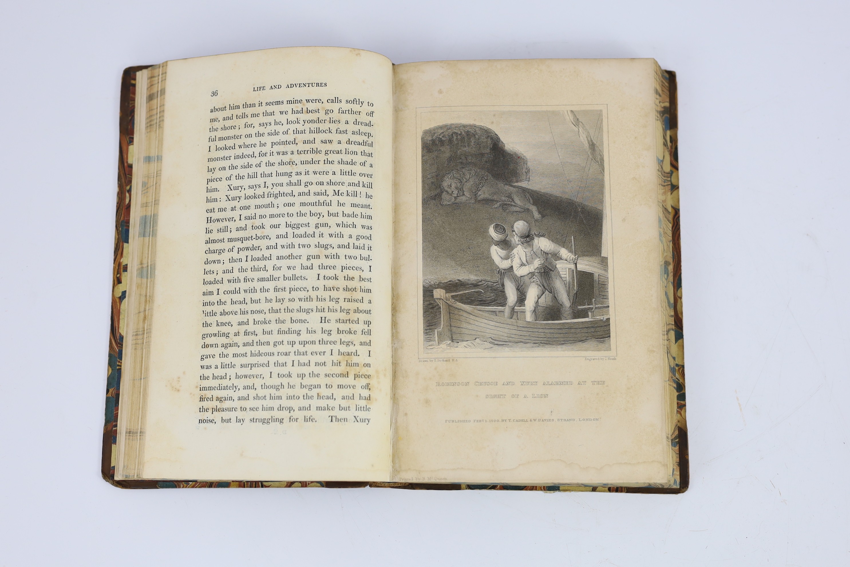 [Defoe, Daniel] The Life and Adventures of Robinson Crusoe ..., 2 vols, pictorial title vignettes and 20 plates (by Thomas Stothard); contemp. gilt half calf and marbled boards, panelled spines, marbled edges and e/ps. p